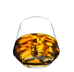 glass of whiskey with ice on a white background