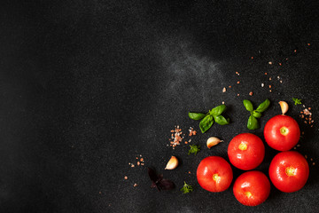 Fresh tomatoes, basil, garlic and sea salt on a black background. Top view. Copy space