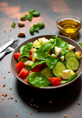 Fresh vegetable salad with mozzarella and basil served with olive oil and sea salt. Mediterranean, Spanish, Italian cuisine. Close-up. Copy space