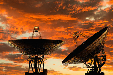 3D rendering of radio telescopes at sunset