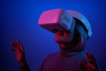 Young Woman Playing on Vr Glasses Touching Air