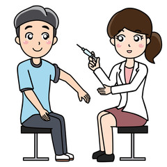 インフルエンザの予防接種を受ける男性と女医