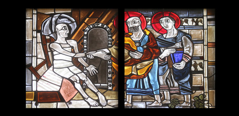 Scenes from the life of St. Peter, stained glass window in the parish church of St. Peter and Paul in Oberstaufen, Germany