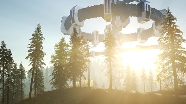 UFO hovering over a forest at sunset with light beam
