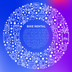 Bike rental concept in circle with thin line icons: rates, bicycle tours, pet trailer, padlock, helmet, child seat, sharing, pointer, deposit, mobile app, cycling route. Modern vector illustration.