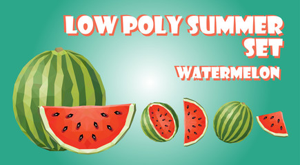 Low poly summer set. Watermelon fruit polygon