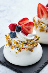 Meringue Cake with Cream Strawberry Blueberry