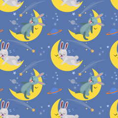 Cute cartoon bunny sleeping on the moon.