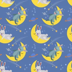 Keuken foto achterwand Slapende dieren Schattige cartoon konijntje slapen op de maan.