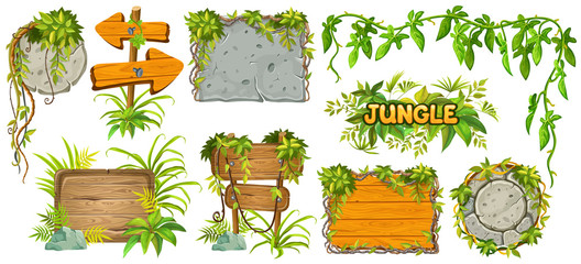 Set cartoon game wooden and stone panels in jungle style with space for text. Isolated gui elements with tropical lianas, rocks and boards. Vector illustration on white background.