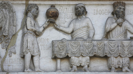 Detail of marble carvings on the Baptistery, Parma Emilia-Romagna Italy