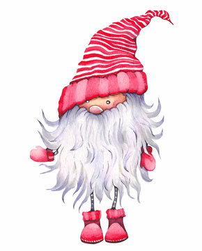 Christmas cartoon elf known as Scandinavian dwarf, nisser, tomte, tonttu or tomtar. Isolated watercolor on white background.