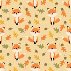 Materiał do szycia Cute fox and autumn leaves seamless pattern.