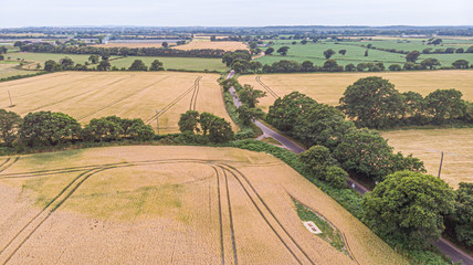 An aerial view of countryside panorama with fields, trees,forest and rural road under a stromy sky and shady sun