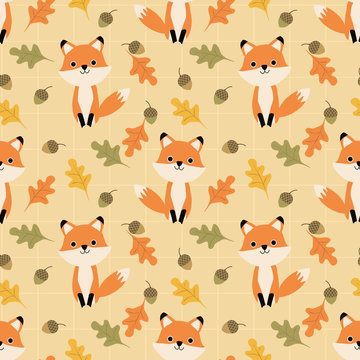 Cute fox and autumn leaves seamless pattern.