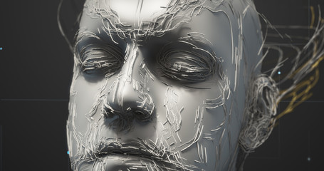 Advanced AI Bionic Robot Head With HUD Data - Technology Related 3D Illustration Render