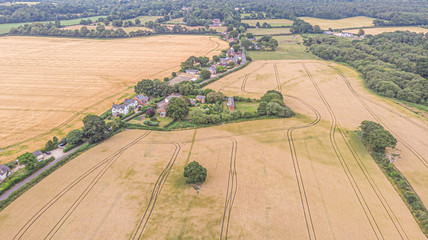 An aerial view of a scenic rural village in the middle of a crop field, trees and forest