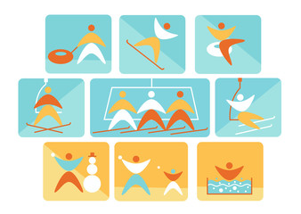 Collection of winter colorful linear navigation signs icons representing skiing and other winter outdoor activities, snowtubing, snowball, jacuzzi, snowboarding, snowman making,. Design for ski resort