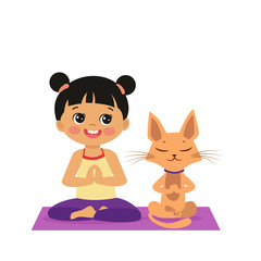 Cartoon Girl In Yoga Lotus Pose With Cute Cat. Practicing Yoga Icon. Vector Illustration. Girl And Cat Practices Yoga In The Lotus Position On White Background.