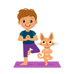 Cartoon Boy In Yoga Pose With Cute Cat. Kids Practicing Yoga Icon. Vector Illustration. Cute Boy And Cat Practices Yoga On White Background.