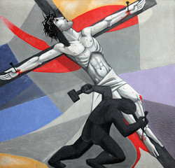 Fototapety  11 Droga Krzyżowa, Ukrzyżowanie: Jezus przybity do krzyża, Kościół Świętej Trójcy w bawarskiej wiosce Gemünden, Niemcy