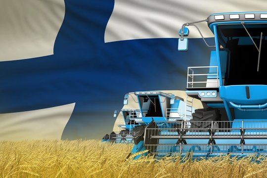 3 blue modern combine harvesters with Finland flag on grain field - close view, farming concept - industrial 3D illustration