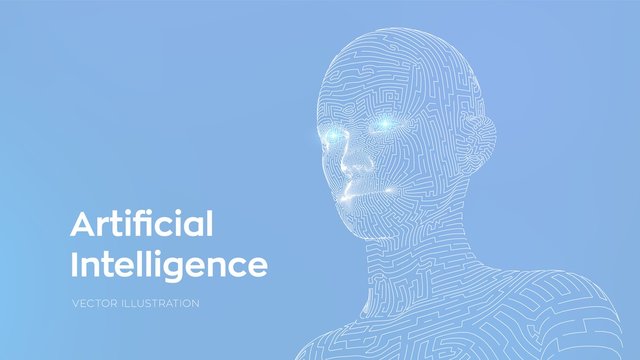 Artifactial intelligence concept. Ai digital brain. Abstract digital human face. Human head in robot computer interpretation. Robotics concept. Wireframe head concept. Vector illustration.
