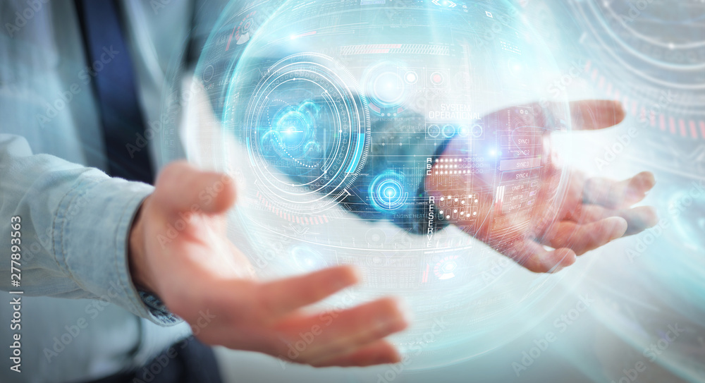 Poster Businessman using digital technological interface with datas 3D rendering