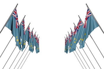 cute many Tuvalu flags hangs on in corner poles from left and right sides isolated on white - any celebration flag 3d illustration..