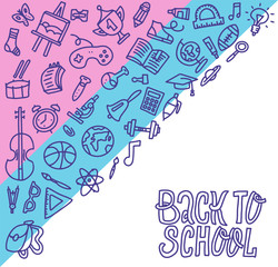Back to school concept, outline design. Education supplies square banner. Back to school background with school supplies set, vector doodle illustration with hand lettering quote.