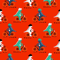 Cartoon dinosaur on bikes seamless pattern. Dino child characters riding bicycles vector on white background.