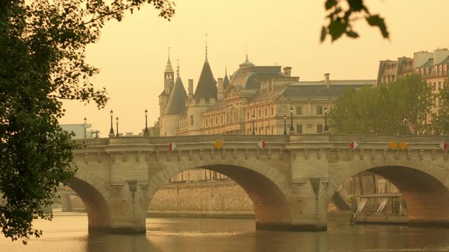 Long shot the Pont Neuf in Paris at dawn 