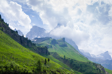 San Martino di Castrozza, Italy, 06/20/2019 , Pale di San Martino, beautiful dolomites in italian Alps.
