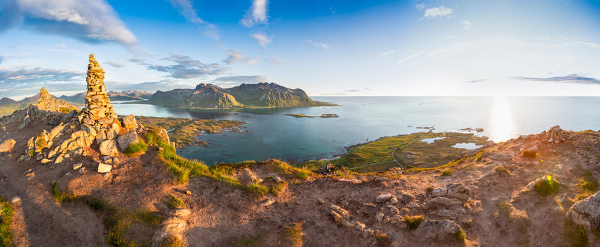 Panoramic image shot from the top of the Hoven mountain at midnight, Gims&oslash;ya island, Lofoten, Norway