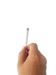 A cigarette in a hand, isolate hand and cigarette, cigarette white background.