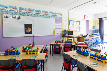 Empty Classroom In Elementary School With Whiteboard And Desks