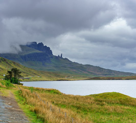 Panoramic image of The Old Man of Storr and Loch Leathan , Isle of Skye , Scotland