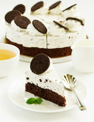 A piece of chocolate cake. Selective focus.