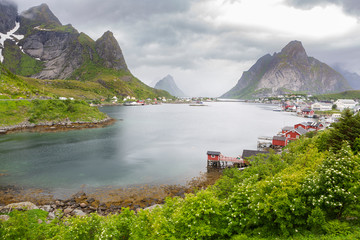 View down to Reine, island of Moskenesøy, Lofoten islands, Norway