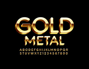 Vector Elite Gold Metal Alphabet. 3D Uppercase Font. Set of luxury shiny Letters and Numbers