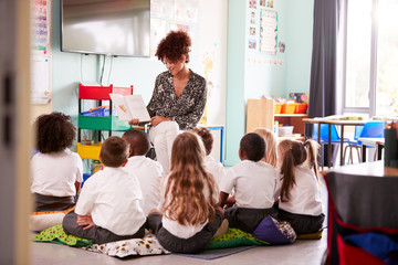 Female Teacher Reading Story To Group Of Elementary Pupils Wearing Uniform In School Classroom