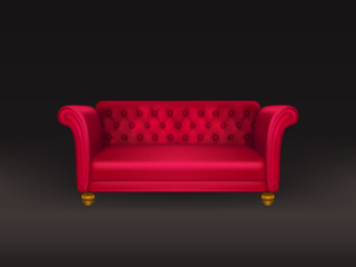 Red couch, sofa isolated on black background. Classic design furniture of leather, fabric buttoned quilted upholstery, modern dwelling interior design element, object. Realistic 3d vector illustration