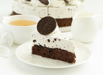 A piece of chocolate cake. Selective focus.