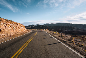 Cinematic road landscape. Humahuaca valley, Altiplano, Argentina. Misty road