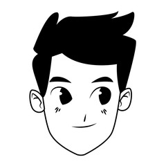Young man face smiling cartoon in black and white