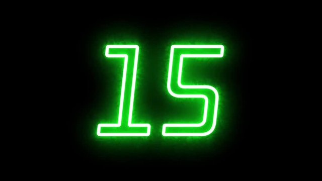 Green energy neon count down seconds 0 to 20. Led numbers on black background, alpha channel. 