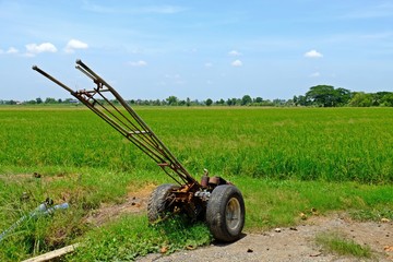 Idle walking tractor on rice field ready to be used at the beginning of rice growing season.
