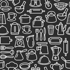 Kitchen tools pattern, cooking set of kitchenware line icons background