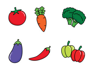 Set of vegetables vector illustration such as tomato, carrot, broccoli, eggplant, pepper, and paprika with simple design 