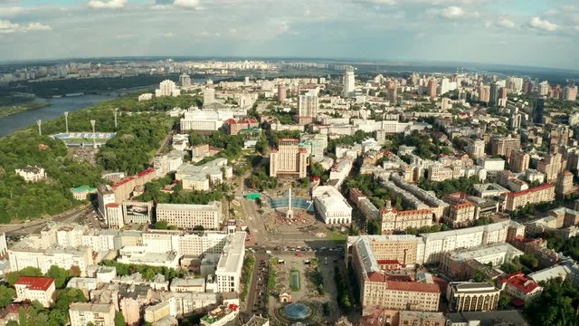 Kiev, Ukraine-July 2019: Independence Square in Kiev. Historical sights of Ukraine. Aerial view drone view